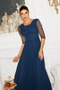 Blanche Diamante Pleated Mesh Satin Maxi Dress - Navy