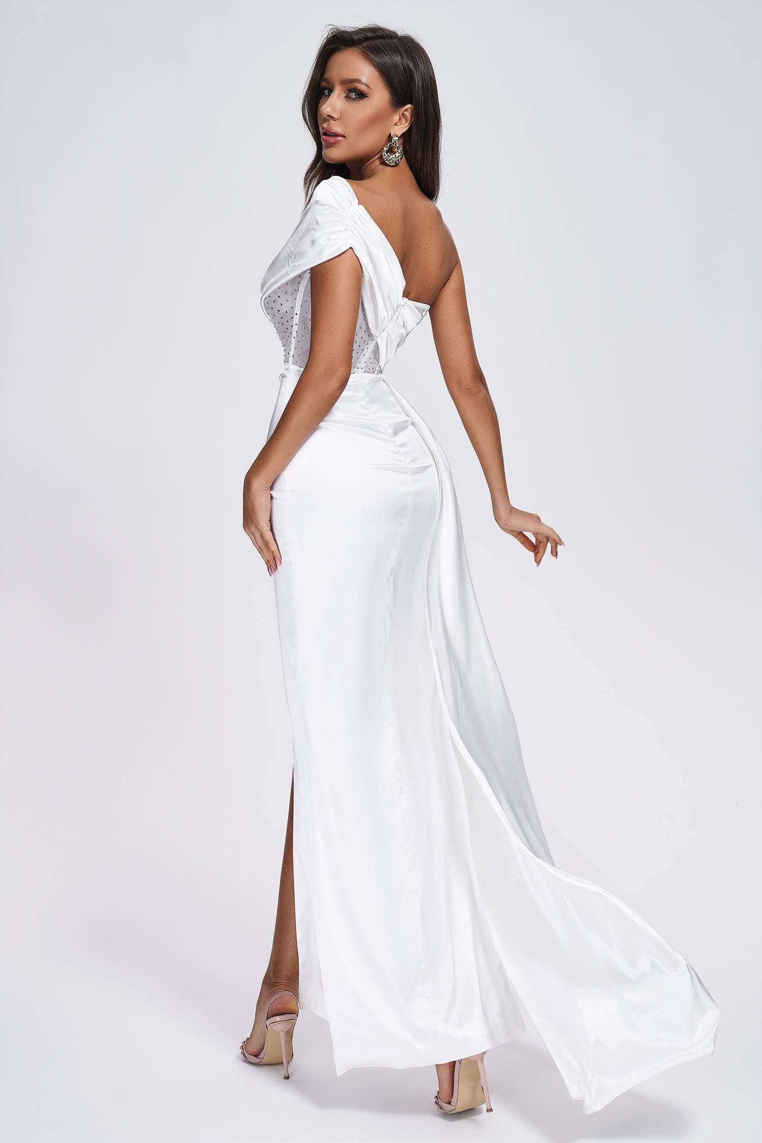 Colia Diamomate Mesh Corset Satin Maxi Dress - White