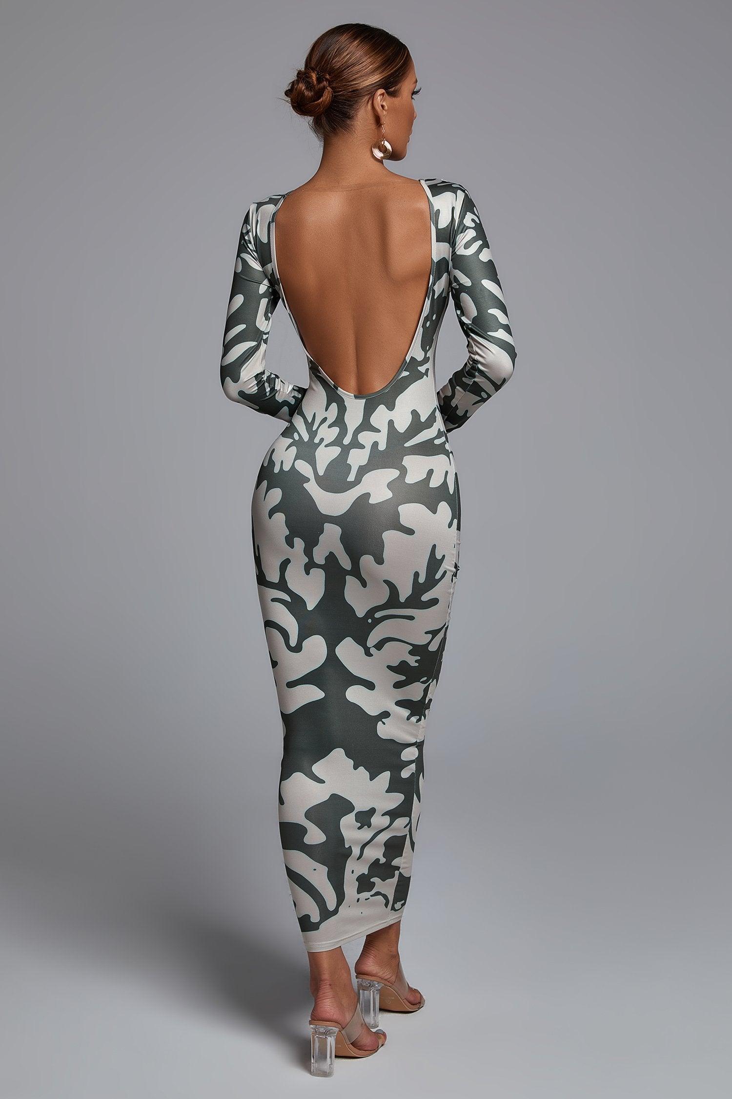 Malia maxi-jurk met open achterkant en print