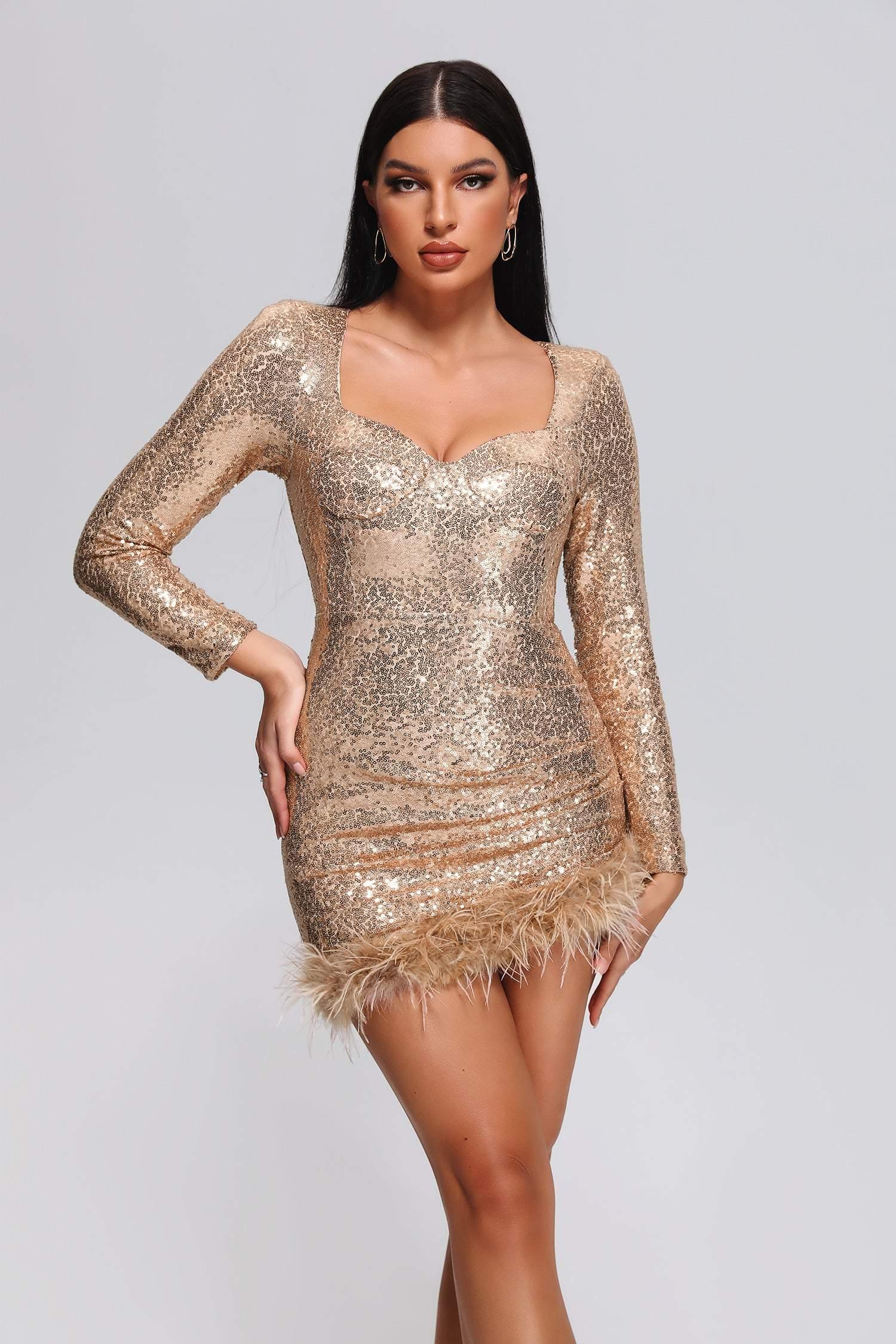 Farrah Mini-jurk met veren en pailletten - Goud