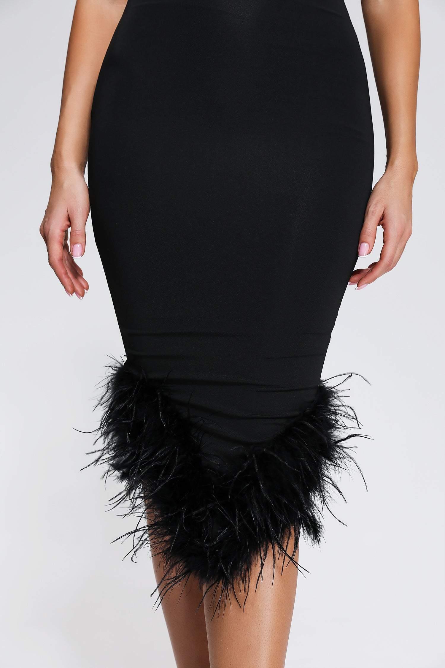 Rate Feather One Shoulder Midi Dress - Black