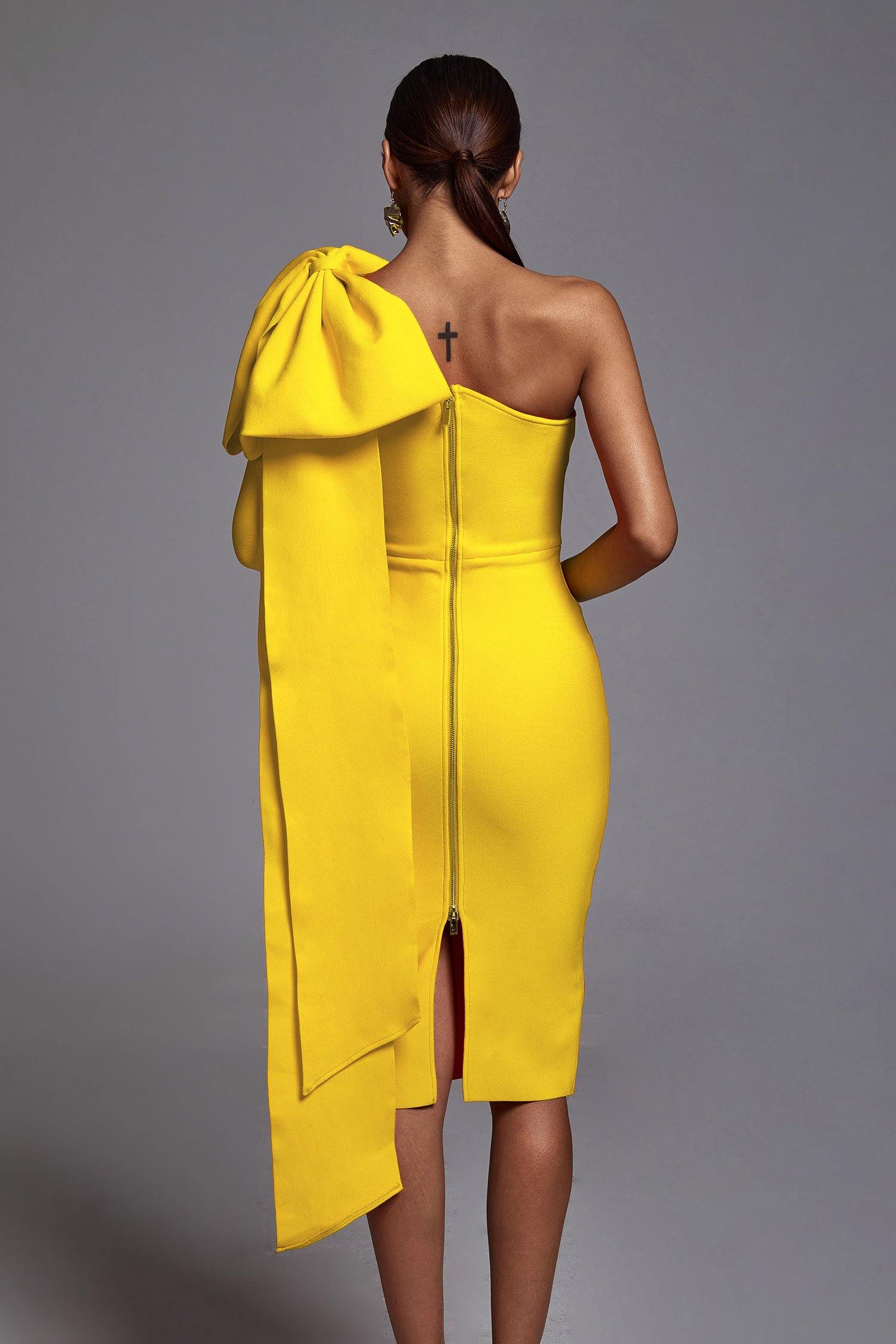 Abbey Yellow Midi Bandage Dress